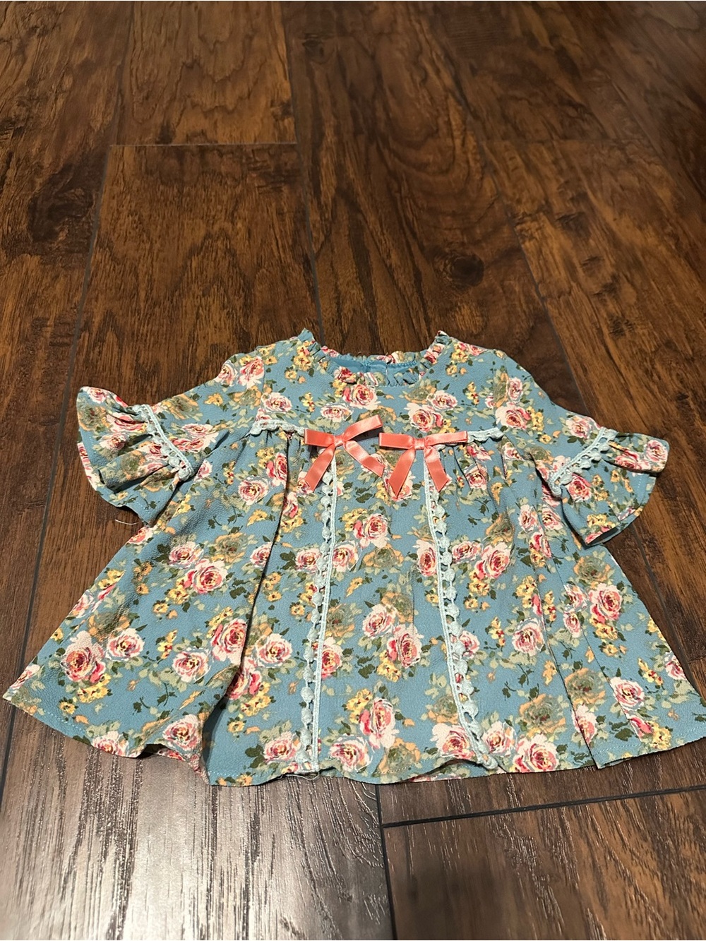 Bonnie Baby Blue Floral Dress with Coral Bow